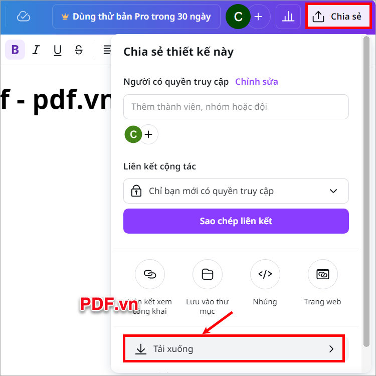 Sau khi soạn thảo xong nội dung cho file PDF, bạn chọn Chia sẻ - Tải xuống