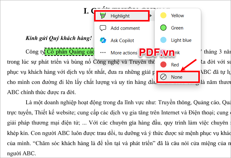 Tô màu chữ trong PDF nữa, bạn chọn None trong phần màu sắc