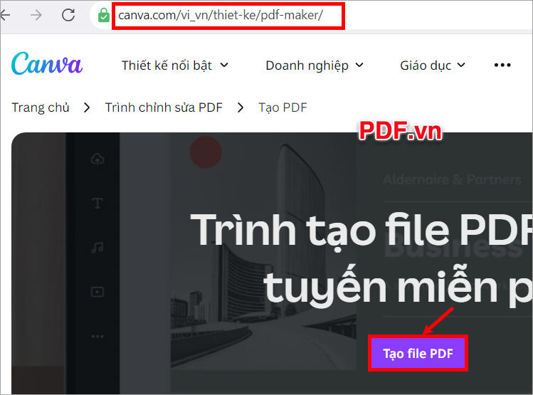 Truy cập vào Canva, chọn Tạo file PDF