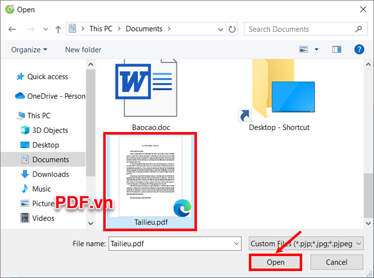 Xuất hiện cửa sổ Open, bạn chọn đến file PDF cần tô màu chữ