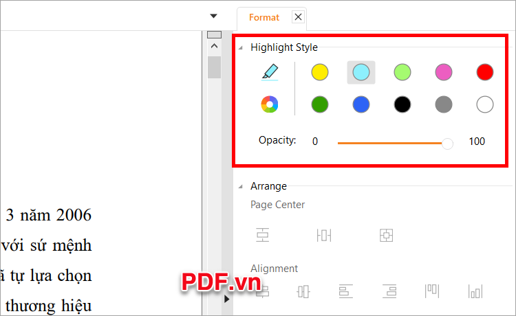 Xuất hiện phần Format phía bên phải, chọn màu và độ đậm nhạt cho highlight