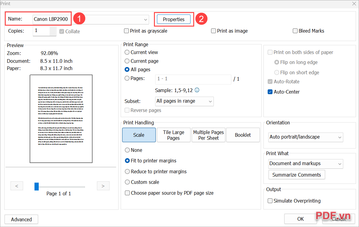 Chọn máy in đích (1) để thiết lập, sau đó nhấn Properties (2) để thiết lập khổ giấy