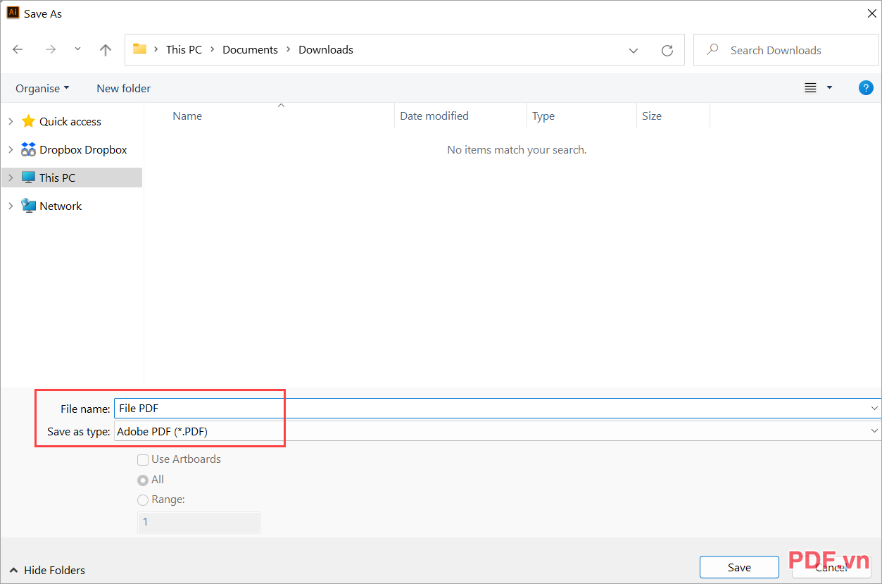 Điền tên vào File name và chọn Save as type thành Adobe PDF sau đó ấn Save