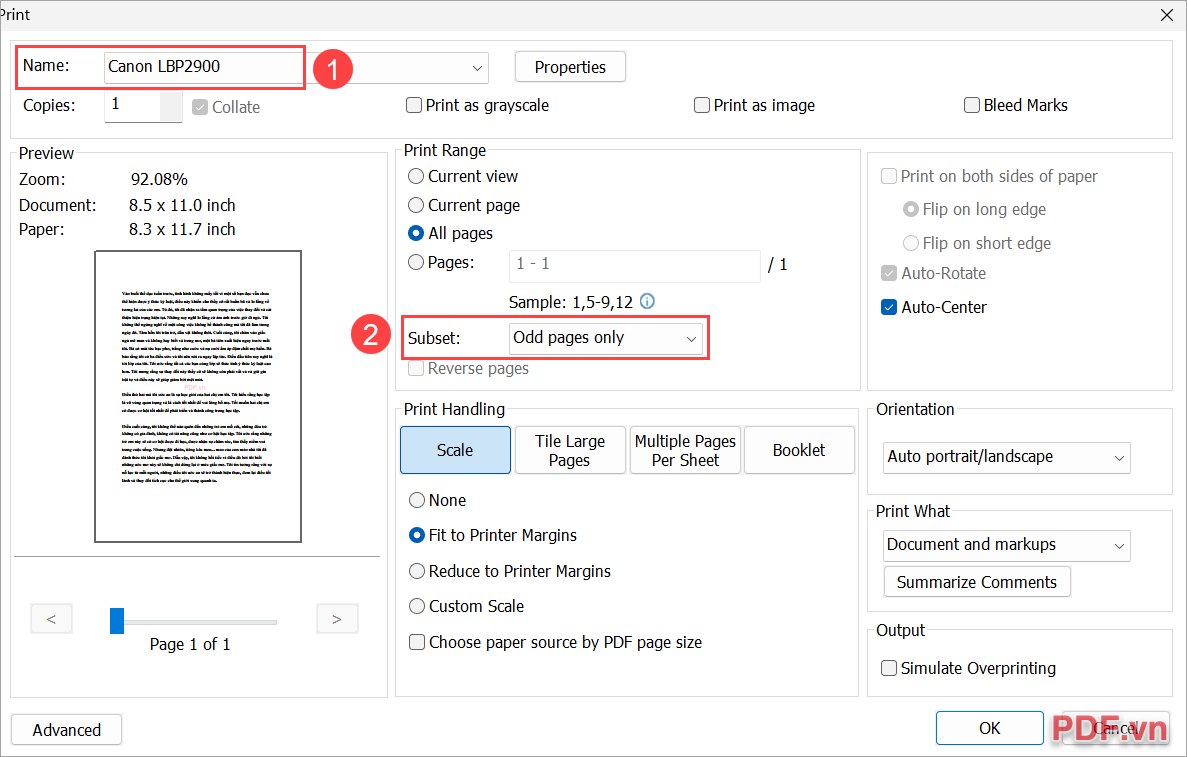 Thiết lập các thông số sau chọn OK để in các trang lẻ có trong file PDF trước