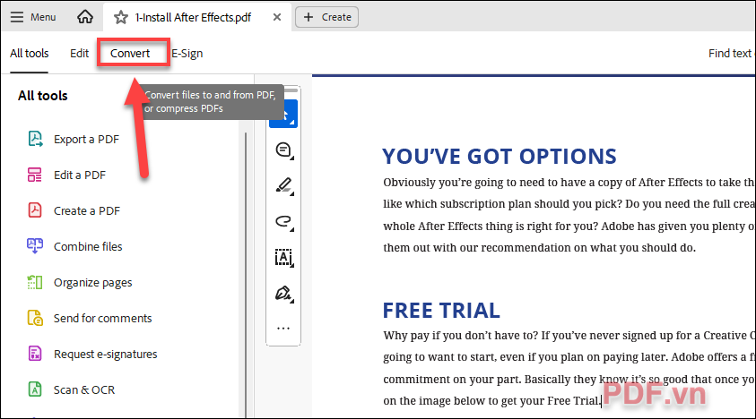 Chọn Convert hoặc vào menu All Tools - ấn Export a PDF