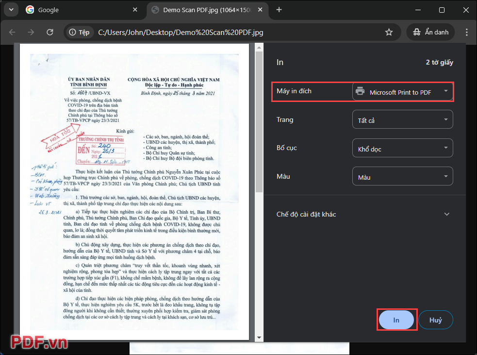 Chọn In để bắt đầu in Scan ảnh sang PDF trên máy tính