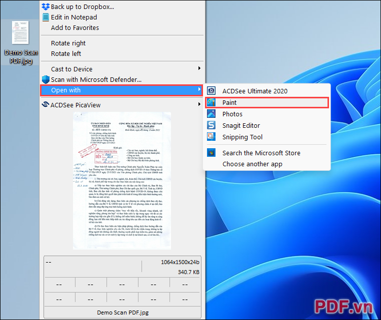 Click chuột phải vào hình ảnh cần Scan sang file PDF ➔ Open With ➔ Paint