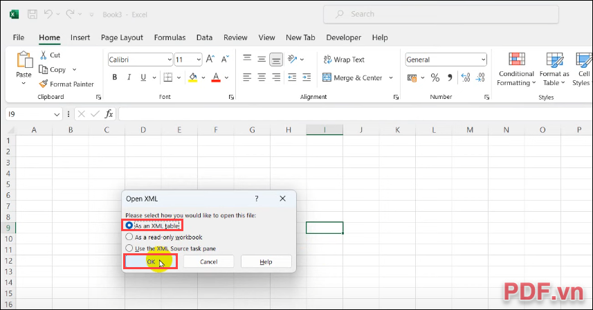 Hộp thoại Open XML và bạn cần chọn As an XML Table và nhấn OK