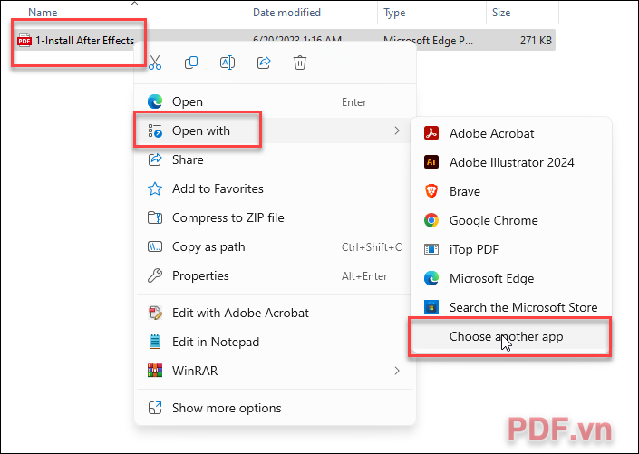 Nhấp chuột phải vào tệp PDF và chọn Mở bằng (Open with) từ menu hiện ra