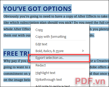Nhấp chuột phải vào văn bản đã được tô sáng - chọn Export Selection As