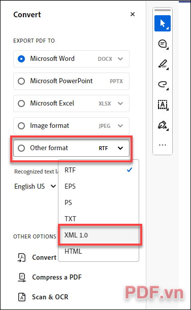 Trong bảng điều khiển Convert, chọn định dạng XML từ danh sách Other format