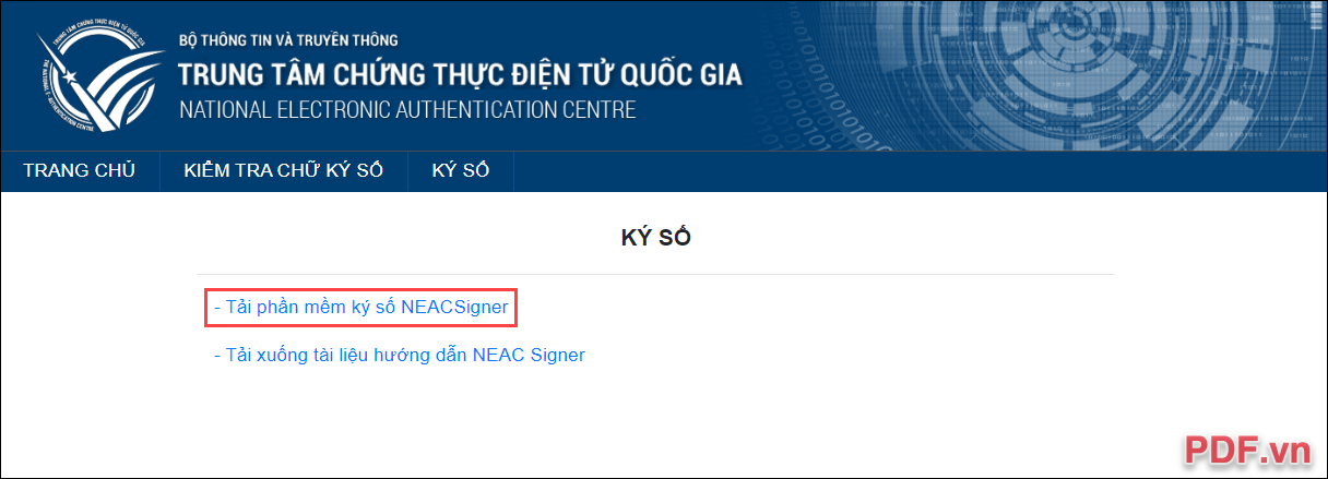 Trung Tâm Chứng Thực Điện Tử Quốc Gia và chọn Tải phần mềm ký số NEACSigner