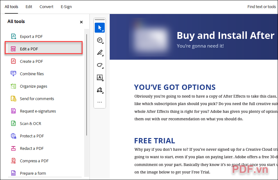 Mở tệp PDF trong Adobe Acrobat, chọn Edit a PDF