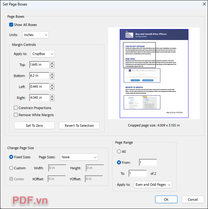 Nhấn đúp vào trang để mở hộp thoại Set Page Boxes