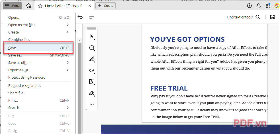 Nhấn Menu - Save để lưu lại file PDF của bạn