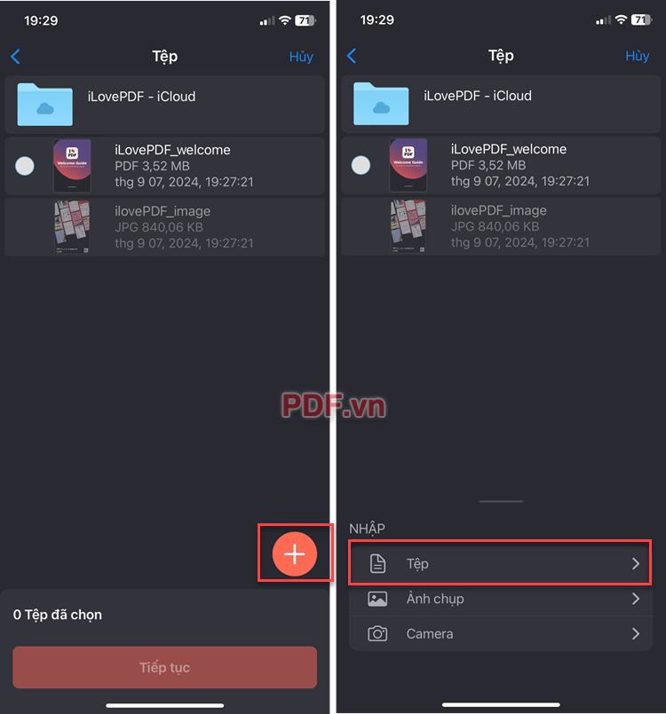 Nhấn nút + màu đỏ để thêm tệp cần nén rồi chọn Tệp và ấn Tiếp tục