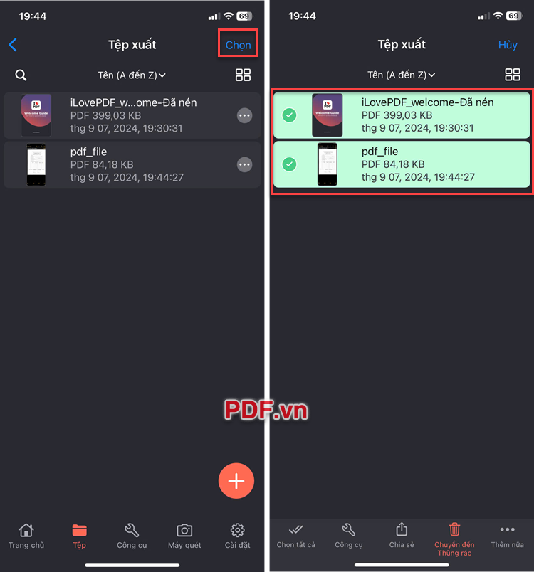 Nhấn vào Chọn ở góc trên bên phải màn hình chọn tất cả các tệp PDF