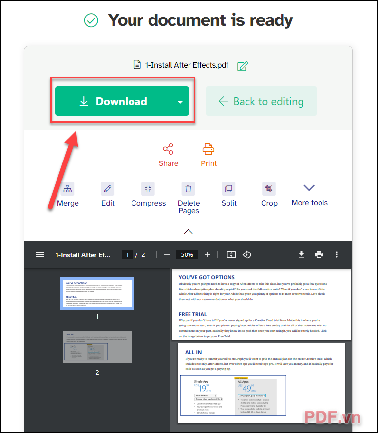 Nhấn vào Tải xuống để lưu tệp PDF đã cắt về máy tính của mình