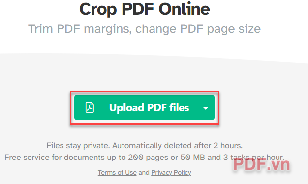 Truy cập Crop của Sejda sau đó nhấp vào Upload a PDF file chọn tài liệu PDF