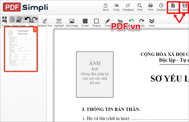 Chọn biểu tượng Save hoặc Download để lưu file PDF về máy