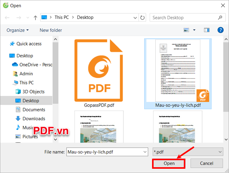 Chọn đến file PDF cần đánh dấu tick và nhấn Open