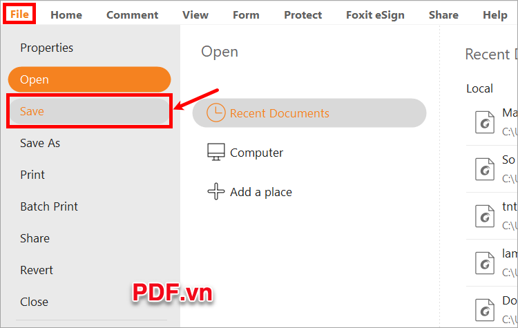 Chọn Menu → Save, hoặc tổ hợp Ctrl + S để lưu lại file PDF