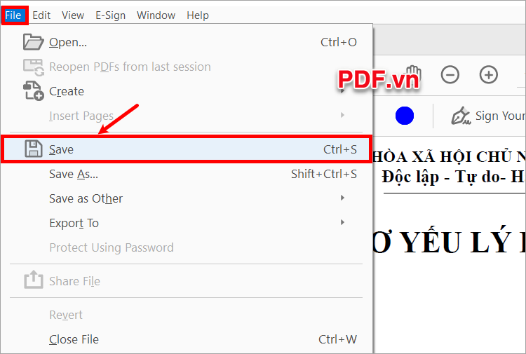 Chọn Menu → Save, hoặc tổ hợp Ctrl + S để lưu lại file PDF