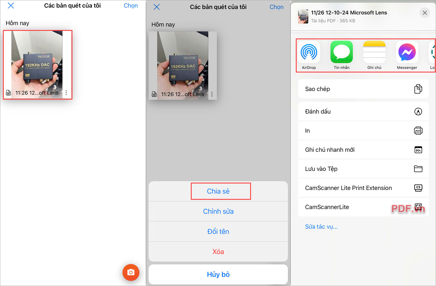 Chọn mục Chia sẻ và chọn nền tảng cần chia sẻ để gửi file PDF đến những người khác