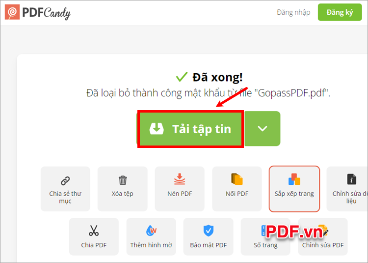 Chọn Tải tập tin để tải file PDF đã gỡ mật khẩu về máy Chọn Tải tập tin để tải file PDF đã gỡ mật khẩu về máy