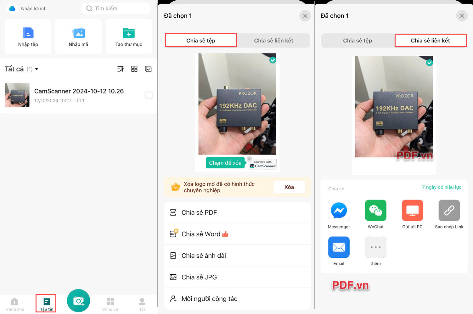 Chọn Tệp tin để xem các file PDF đã thực hiện chuyển đổi trên điện thoại