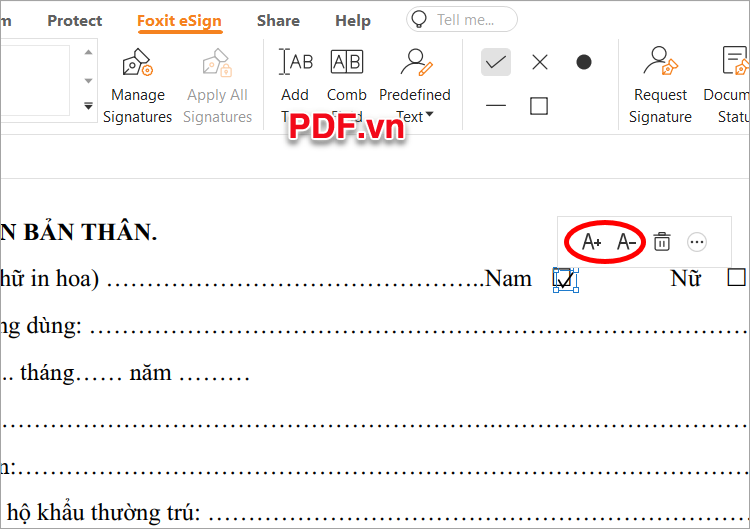 Chọn vào dấu tick và chọn A+ (tăng kích thước), A- (giảm kích thước) cho dấu tick