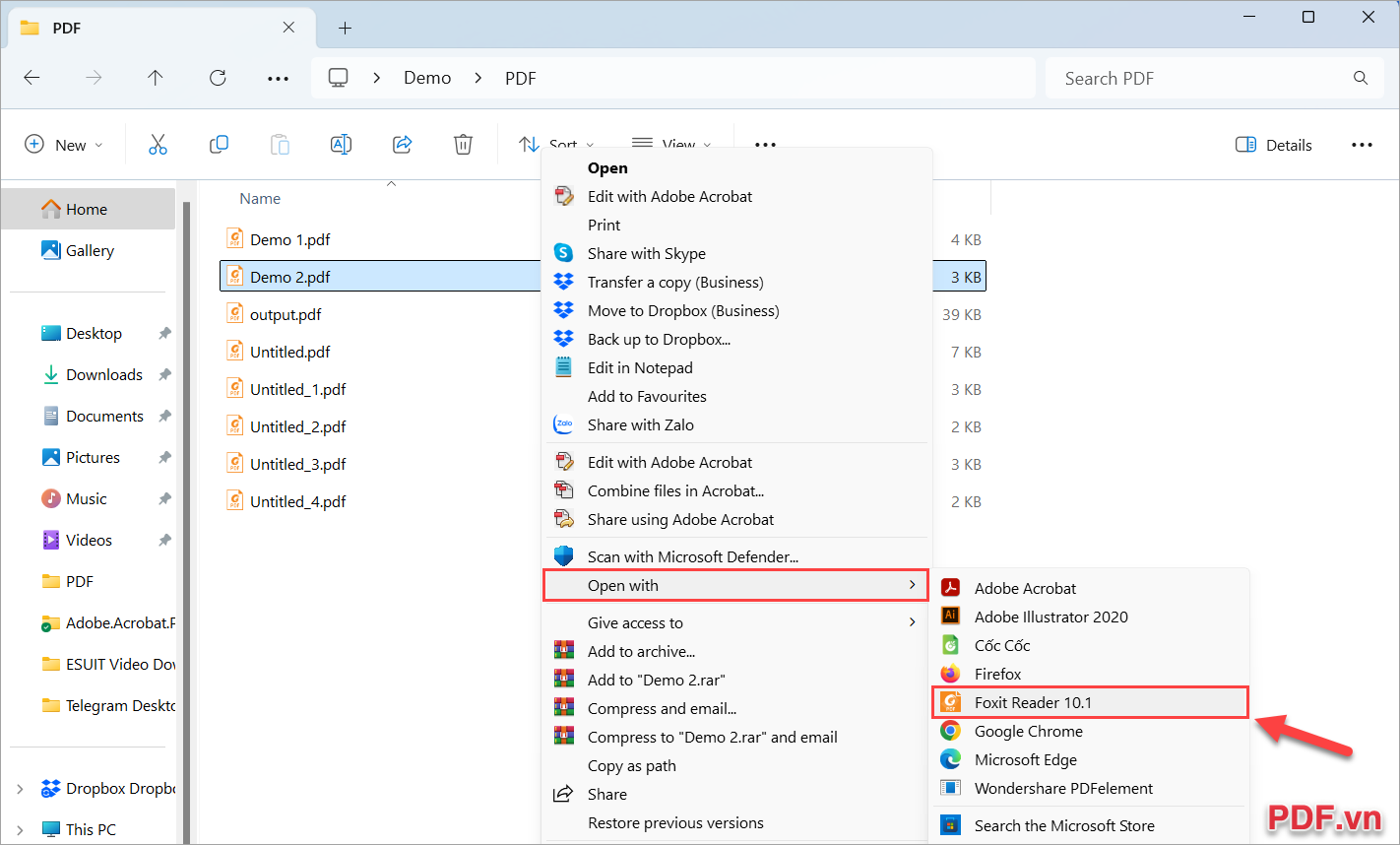 Copy nội dung chữ trong file PDF và chọn Open With → Foxit Reader PDF