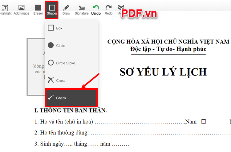 Đánh dấu tick trong PDF bạn chọn Shapes → Check