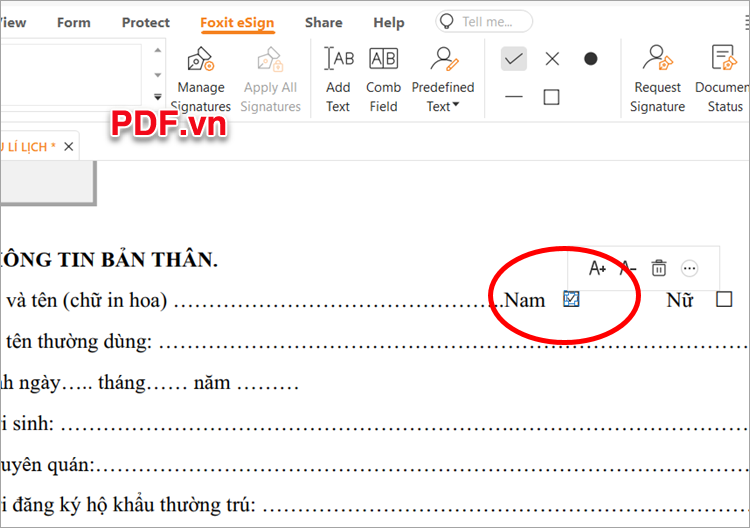 Đặt dấu tích vào vị trí mà bạn muốn trên file PDF