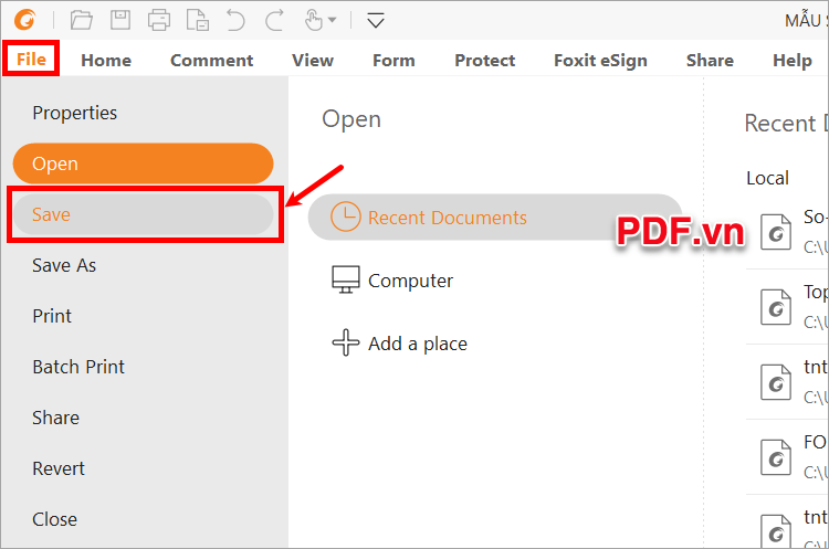 Lưu file PDF bằng cách chọn File → Save, hoặc nhấn tổ hợp Ctrl + S