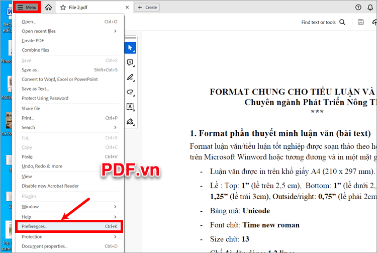 Mở Adobe Acrobat, chọn Menu → Preferences hoặc tổ hợp phím Ctrl + K