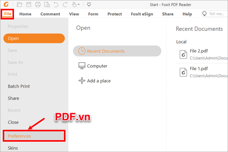 Mở Foxit Reader, chọn File → Preferences