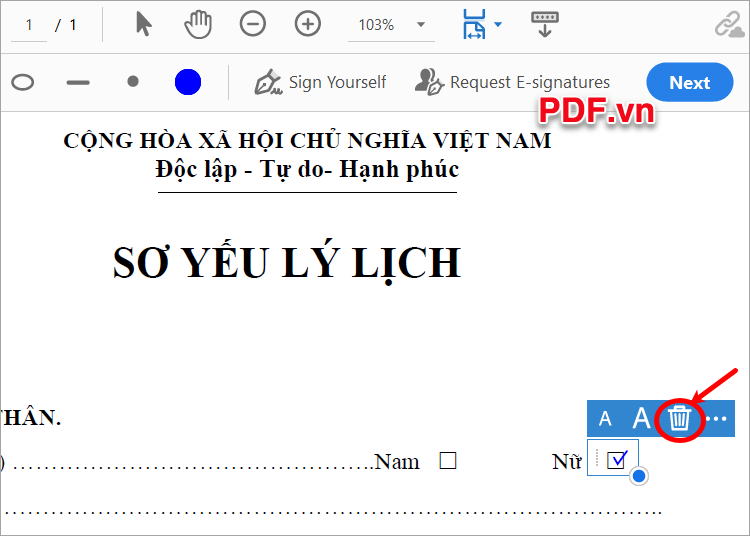 Muốn xóa dấu tích bạn chọn dấu tích và chọn biểu tượng thùng rác