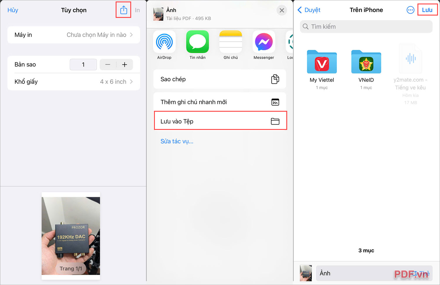 Nhấn biểu tượng Chia sẻ để lưu file PDF và chọn Lưu vào tệp
