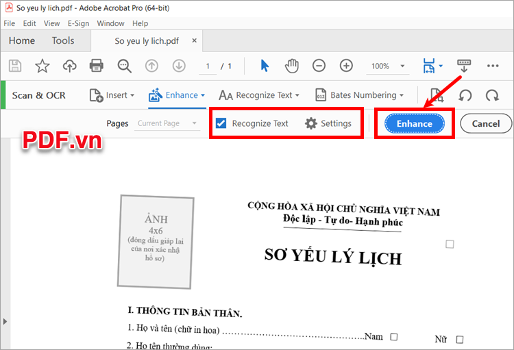 Tích chọn Recognize Text, tùy chỉnh cài đặt Settings sau đó chọn Enhance