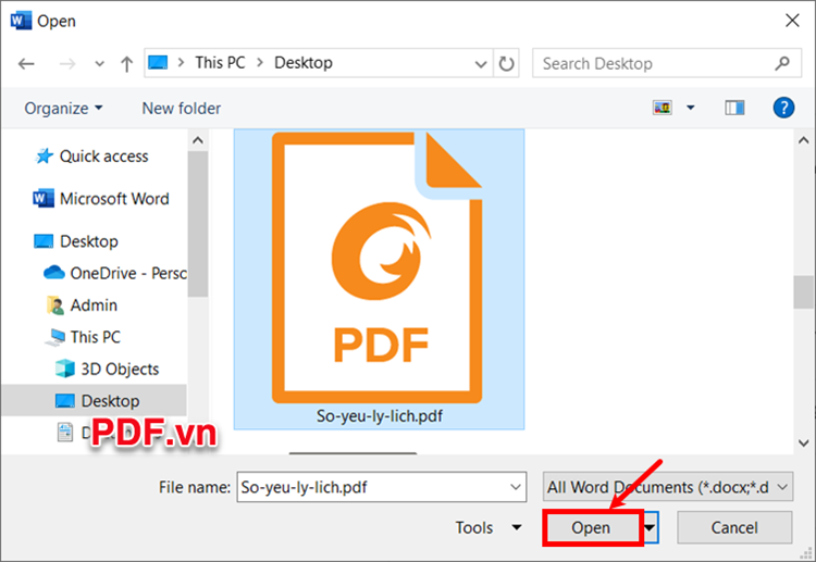 Xuất hiện cửa sổ Open bạn chọn đến file PDF cần điền thông tin, và chọn Open