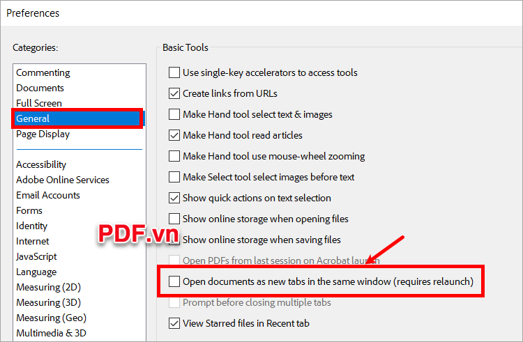 Xuất hiện cửa sổ Preferences, ấn General, sau đó bỏ tích chọn trong ô vuông