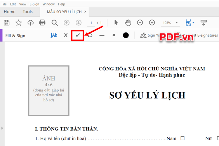 Xuất hiện phần Fill & Sign của Adobe Acrobat, chọn biểu tượng dấu tick