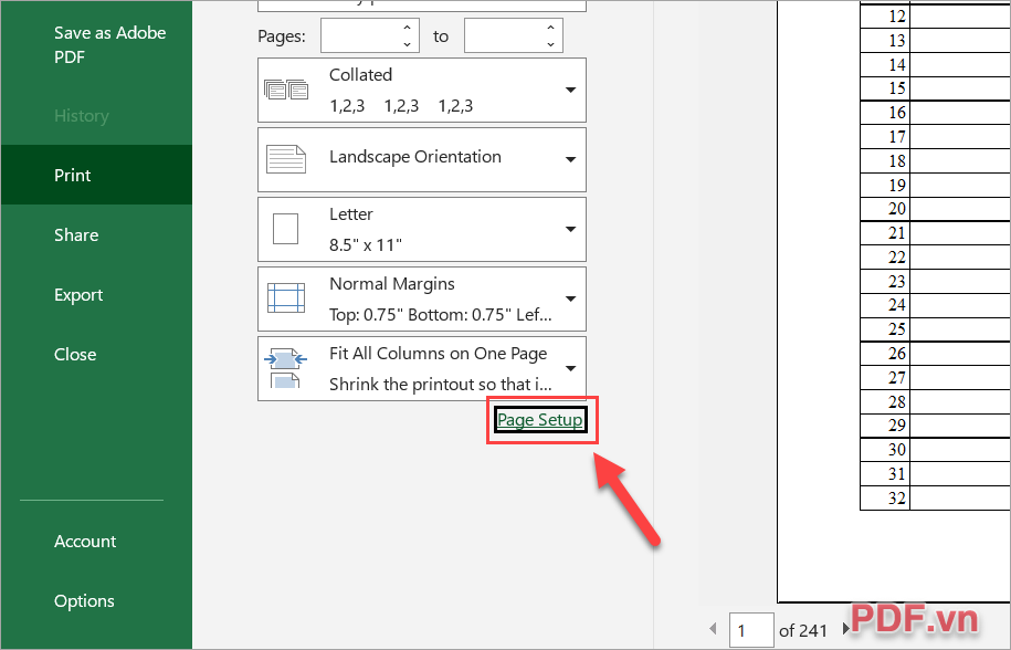 Bạn chọn mục Page Setup