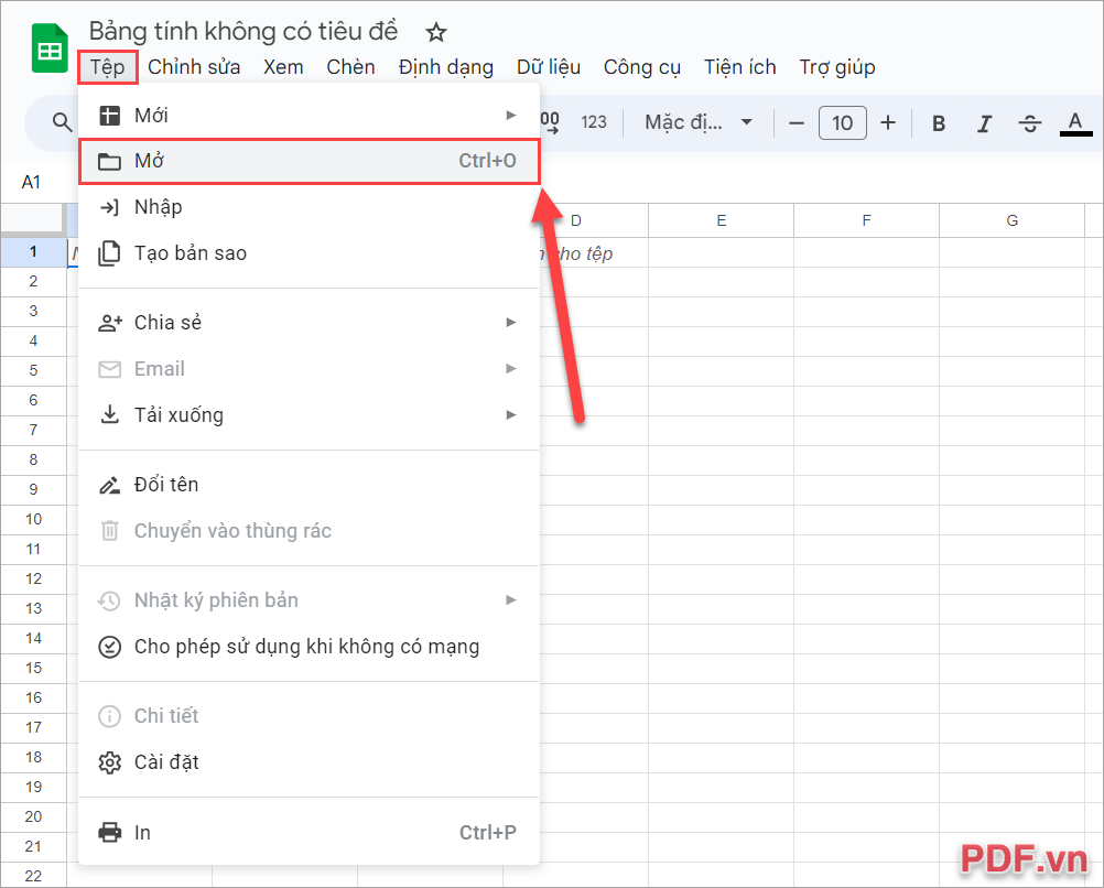 Bạn truy cập trang chủ Google Sheet, chọn Tệp → Mở (Ctrl + O)