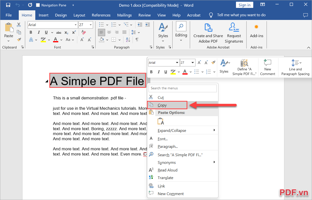 Bôi đen tạo vùng chọn quanh nội dung chữ và nhấn Copy để sao chép chữ Text