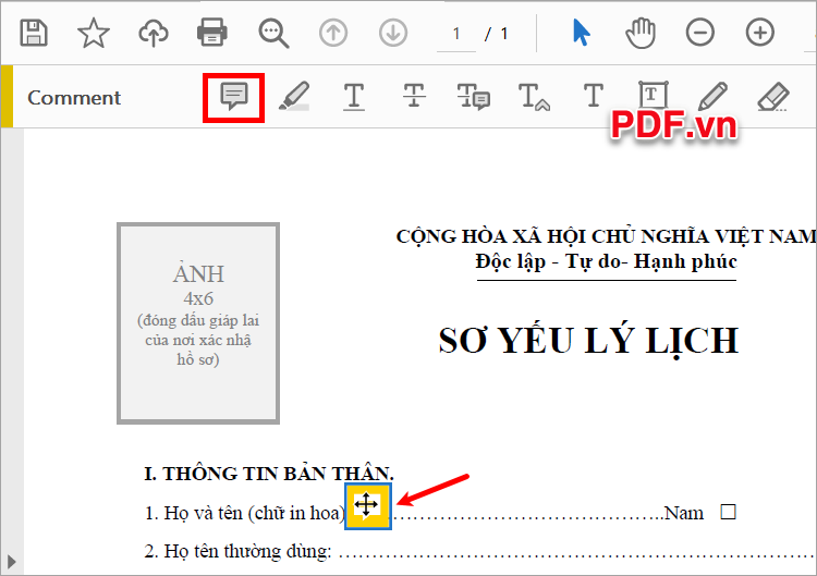Chọn biểu tượng ghi chú, và nhấn chuột trái vào vị trí cần viết ghi chú trên file PDF