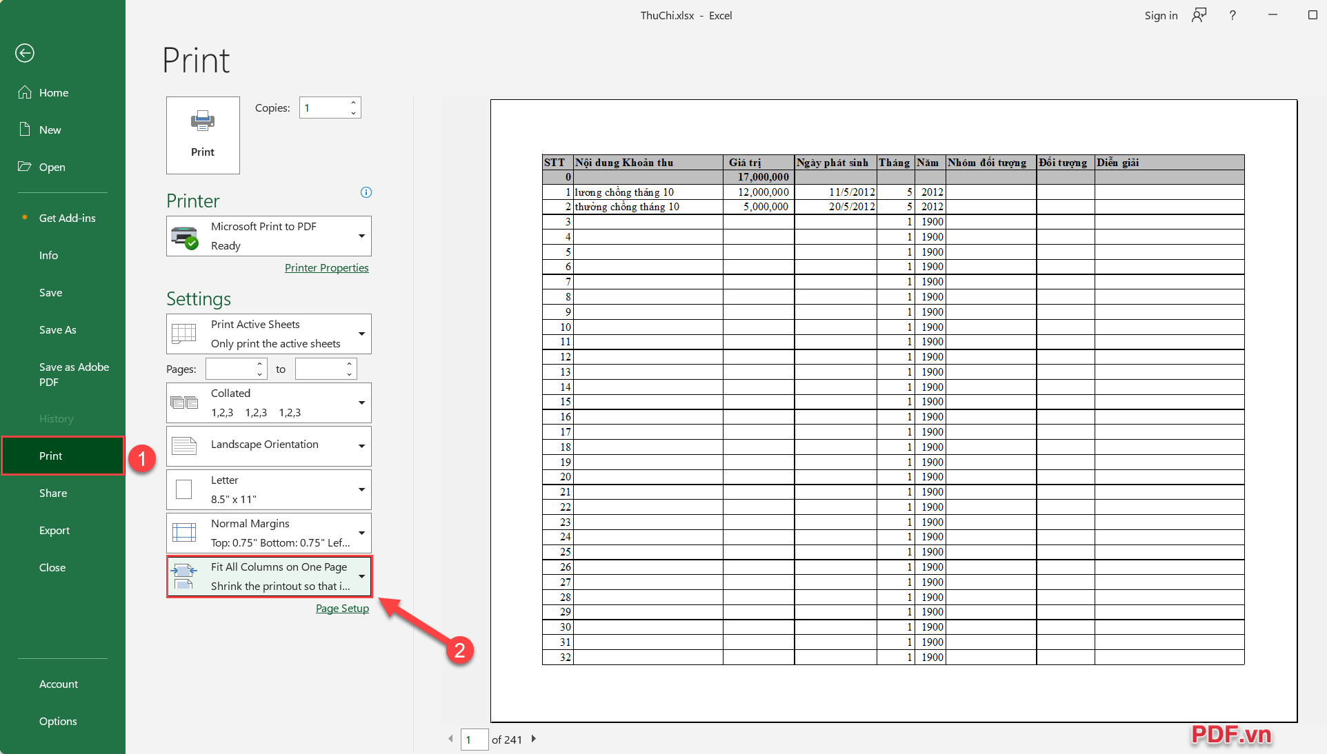 Chọn File → Print (1) → Fit all Columns on On Page (2)