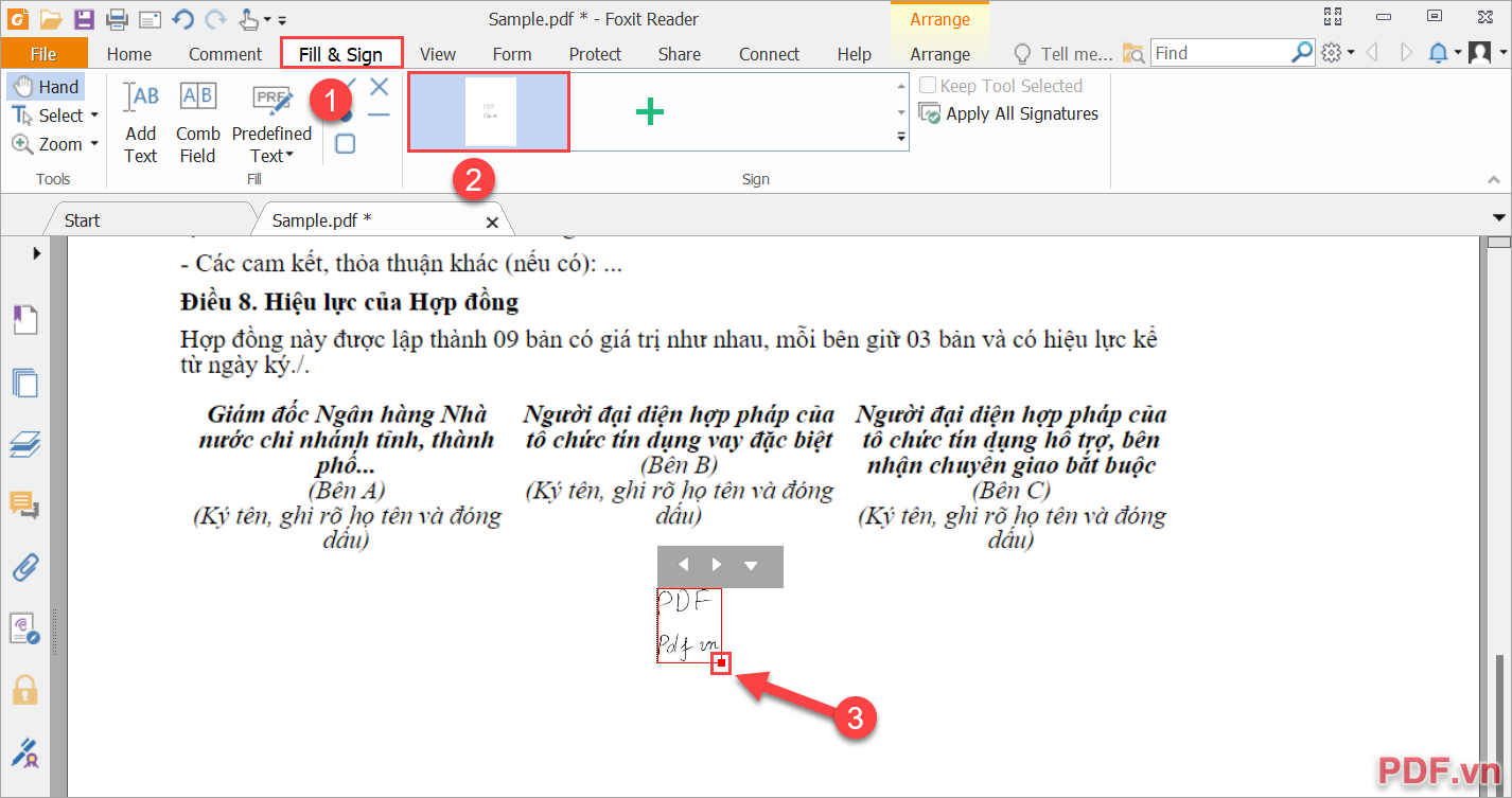 Chọn Fill & Sign (1) → Chữ ký cá nhân (2) và ấn vị trí cần chèn trên file PDF (3)