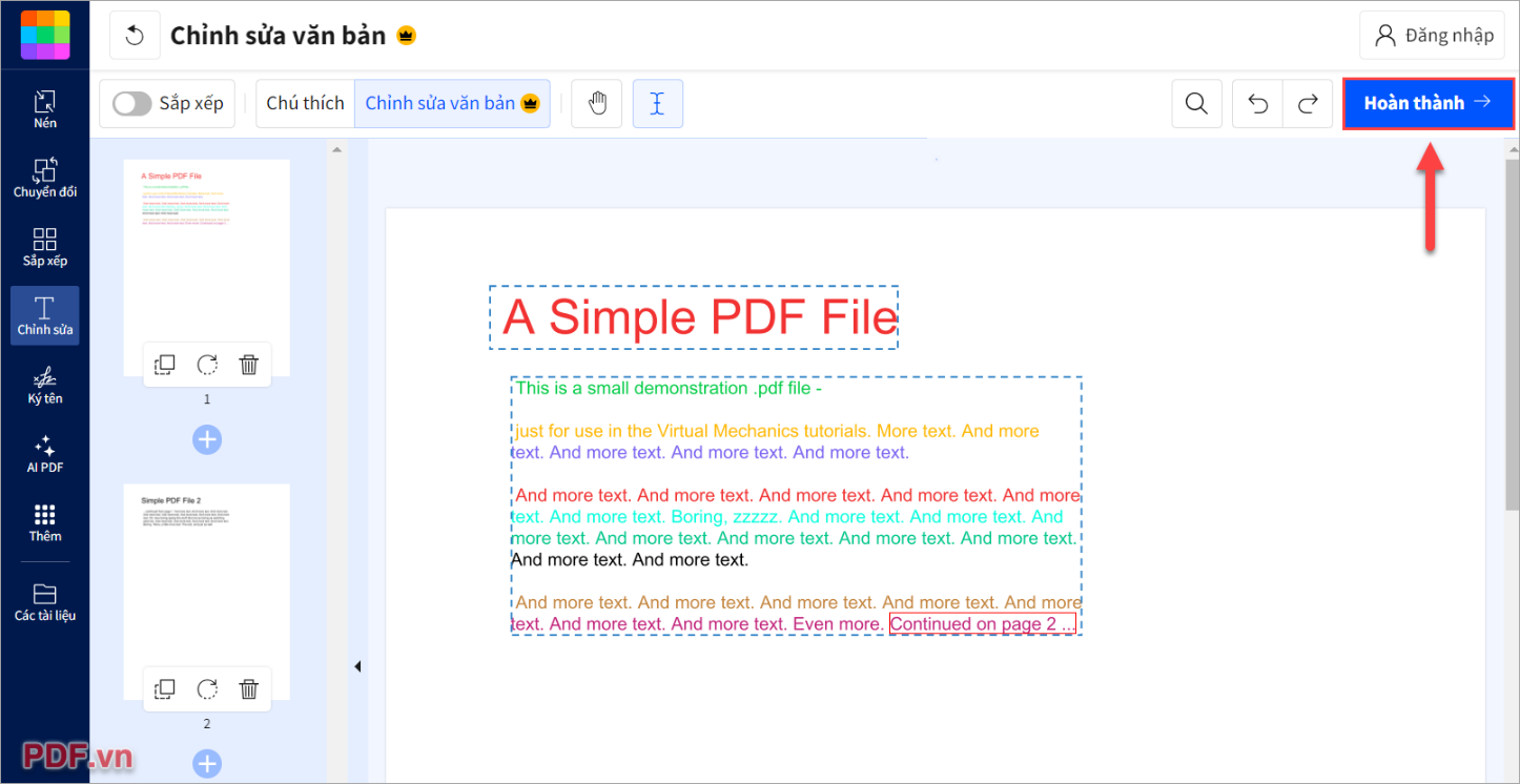 Chọn hoàn thành để thực hiện lưu lại file PDF và tải về máy tính